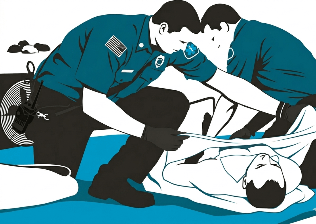 Paramedics placing polar skin ice sheet on heat injury patient.