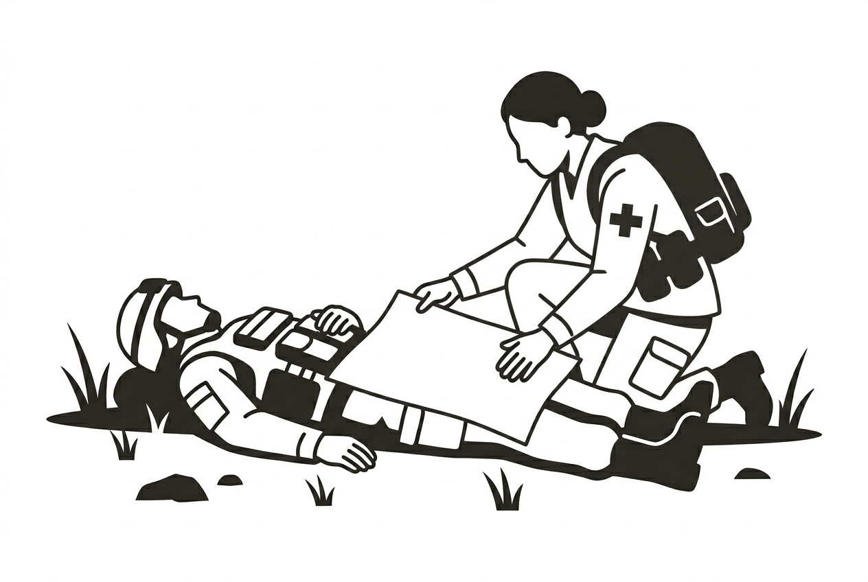 Vector illustration of medic placing ice sheet on a Soldier.