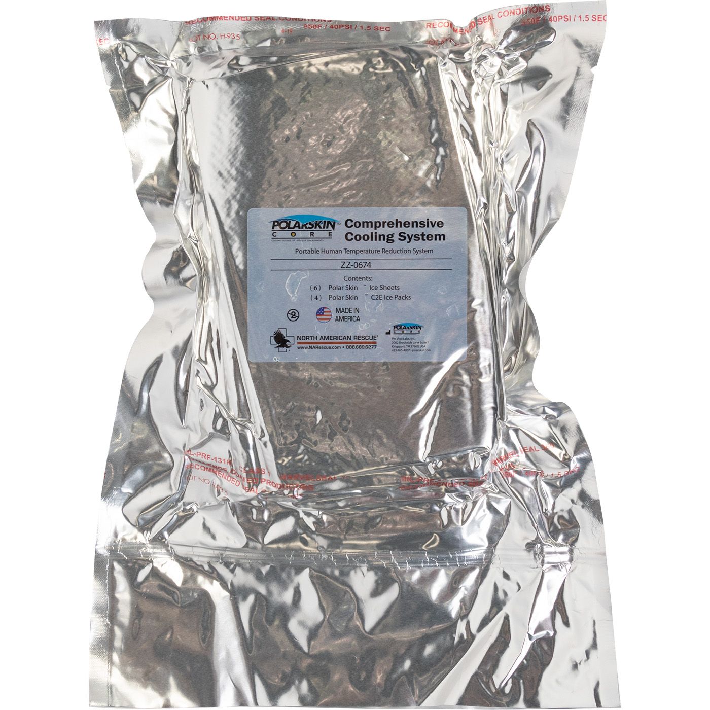 A sealed silver foil package containing a  Comprehensive Cooling System.