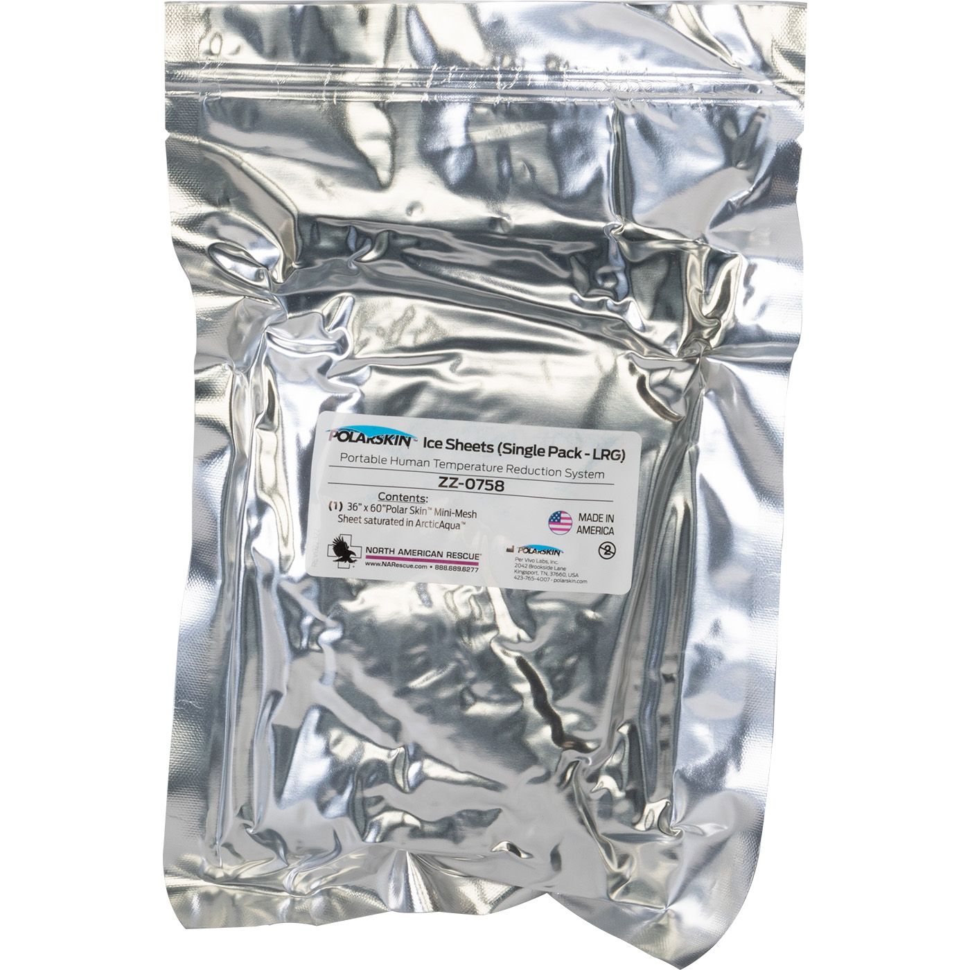 A silver foil resealable pouch containing a large Polar Skin Ice Sheets.